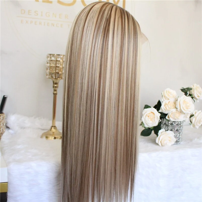 Blonde Lace Front Wig Ombre Synthetic Hair Wig Middle Part Highlight Wig Long Straight Hair 22 inch