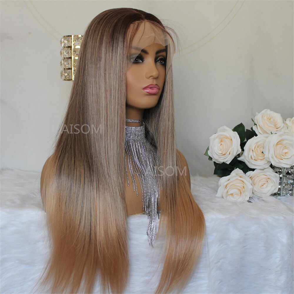 Synthetic Lace Front Wigs Long Straight Ombre Brown Wig Ash maroon Lace Wigs for Women Highlight Synthetic Wig 24"