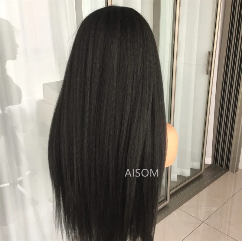 Aisom Kinky Straight Wig Black Color Yaki Lace Front Wig for Women 180% Density Synthetic Lace Front Wig with Baby Hair Glueless Daily