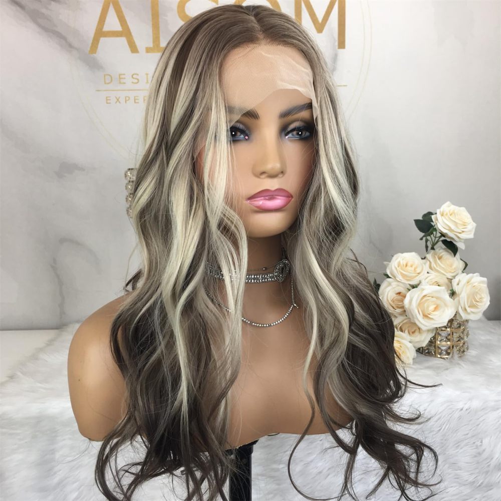 Aisom Ash Platinum 18“ Wave Highlight Wig Mixed Brown and Blonde Color Ombre Lace Front Wigs for Women Synthetic Wig (Highlight Ash Platinum)