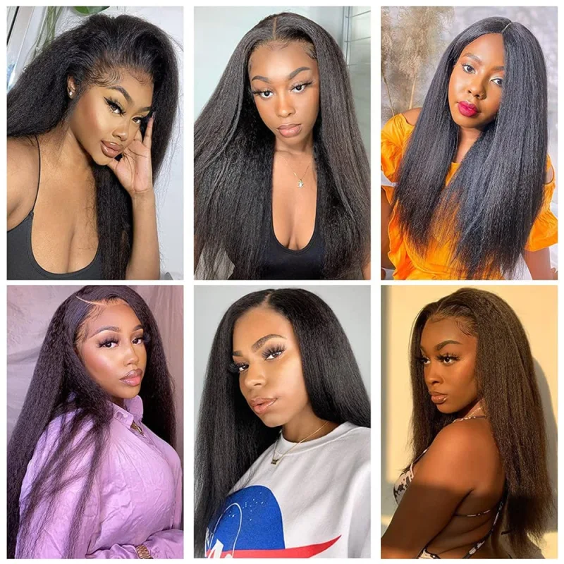 Aisom Kinky Straight Wig Black Color Yaki Lace Front Wig for Women 180% Density Synthetic Lace Front Wig with Baby Hair Glueless Daily