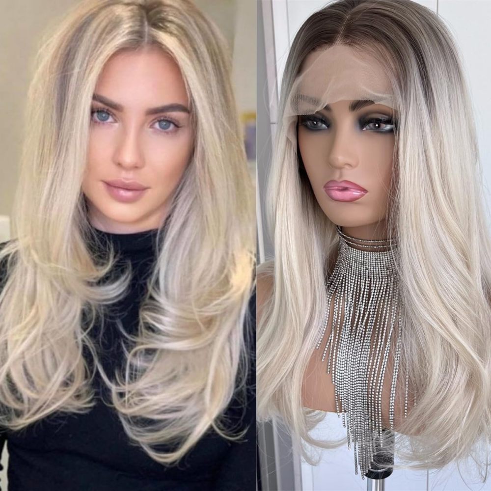 Aisom Blonde Natural Straight Hair Wigs for Women Lace Front Wig Synthetic Wig Platinum Blonde Dark Brown Root Ombre Tone Color for Daily use