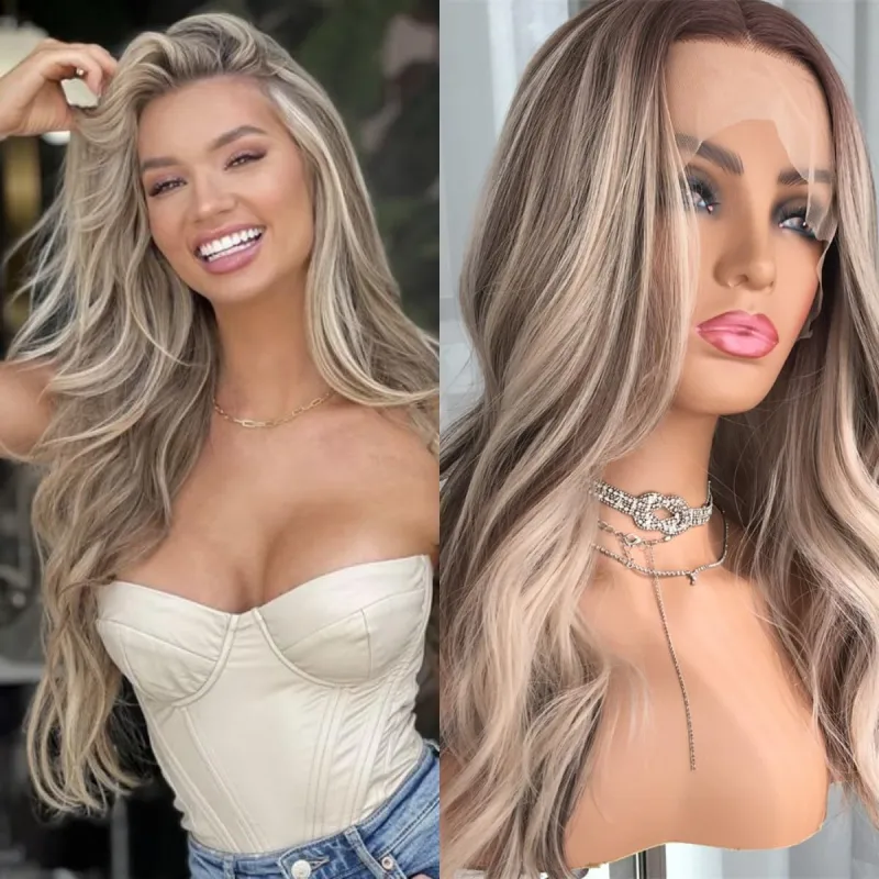 Aisom Highligh Ash Blonde Platinum Wave 13x4 Lace Front Wig for Women 24 inch