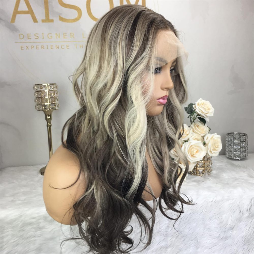 Aisom Ash Platinum 18“ Wave Highlight Wig Mixed Brown and Blonde Color Ombre Lace Front Wigs for Women Synthetic Wig (Highlight Ash Platinum)