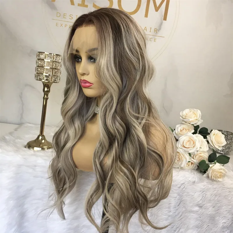 Aisom Highligh Ash Blonde Platinum Wave 13x4 Lace Front Wig for Women 24 inch