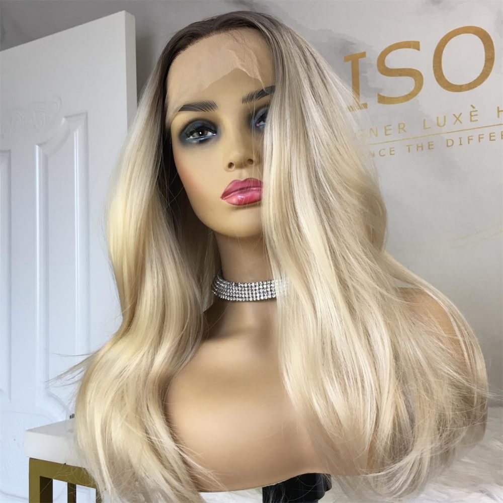 Aisom Blonde Natural Straight Hair Wigs for Women Lace Front Wig Synthetic Wig Platinum Blonde Dark Brown Root Ombre Tone Color for Daily use