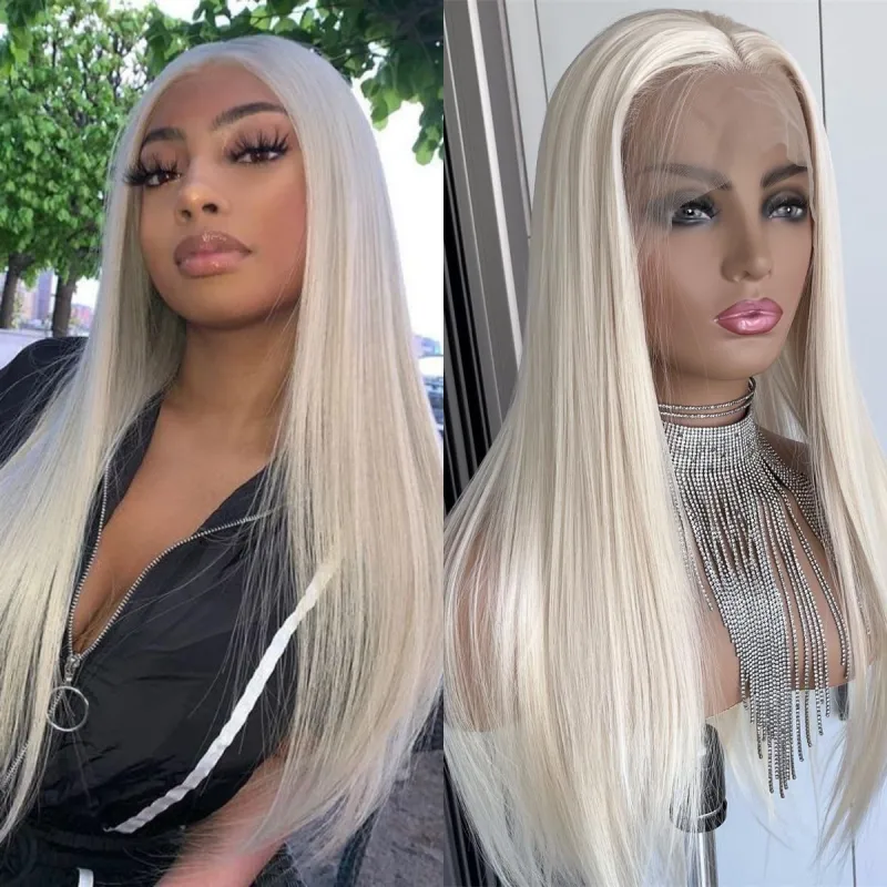 Aisom Silver and White 613 13x4 Lace Front Wig - 24 Inch Straight Hair Synthetic Wig