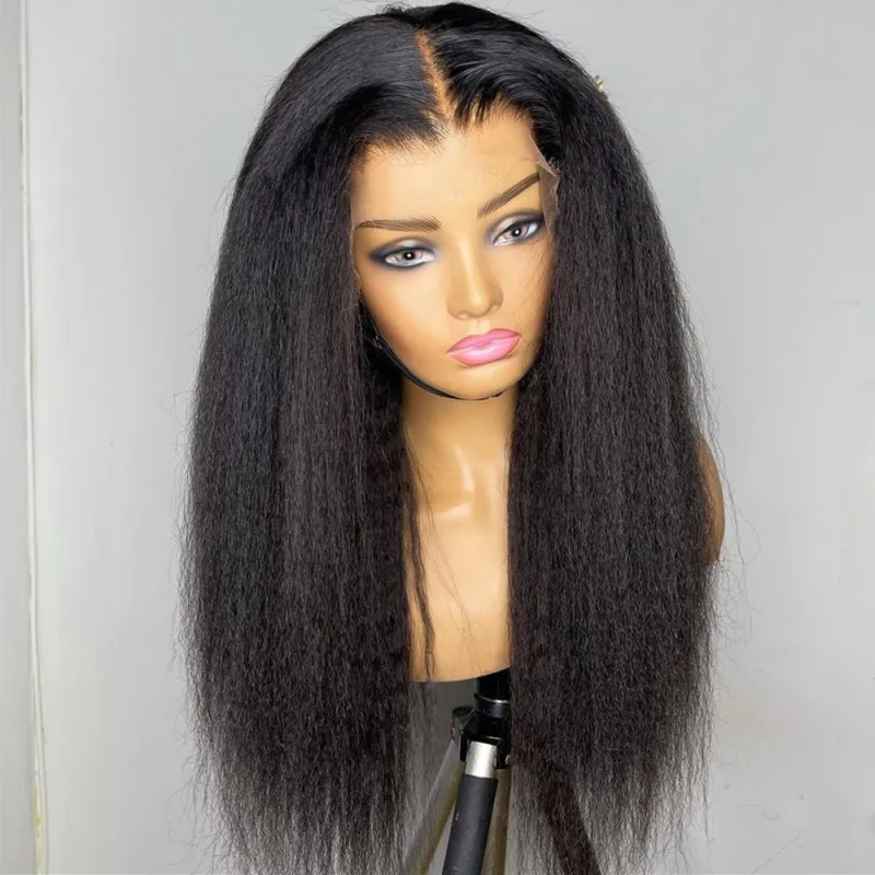 Aisom Kinky Straight Wig Black Color Yaki Lace Front Wig for Women 180% Density Synthetic Lace Front Wig with Baby Hair Glueless Daily