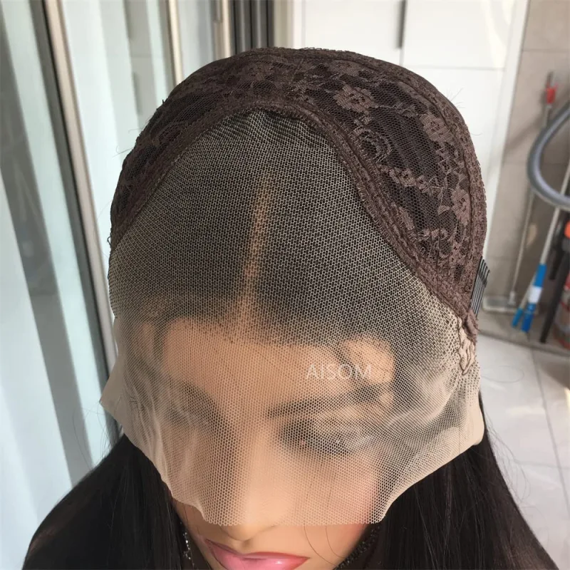 Aisom Kinky Straight Wig Black Color Yaki Lace Front Wig for Women 180% Density Synthetic Lace Front Wig with Baby Hair Glueless Daily