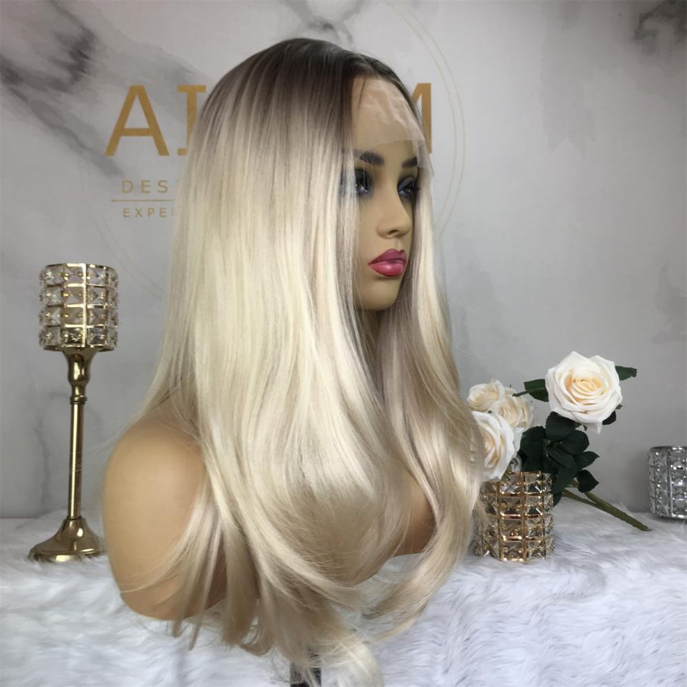 Aisom Blonde Natural Straight Hair Wigs for Women Lace Front Wig Synthetic Wig Platinum Blonde Dark Brown Root Ombre Tone Color for Daily use