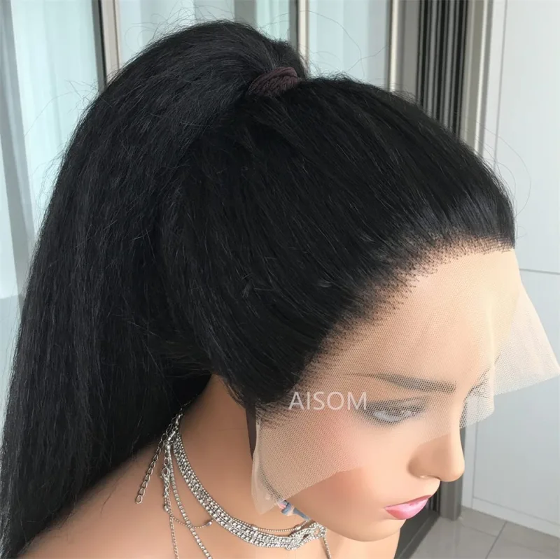 Aisom Kinky Straight Wig Black Color Yaki Lace Front Wig for Women 180% Density Synthetic Lace Front Wig with Baby Hair Glueless Daily
