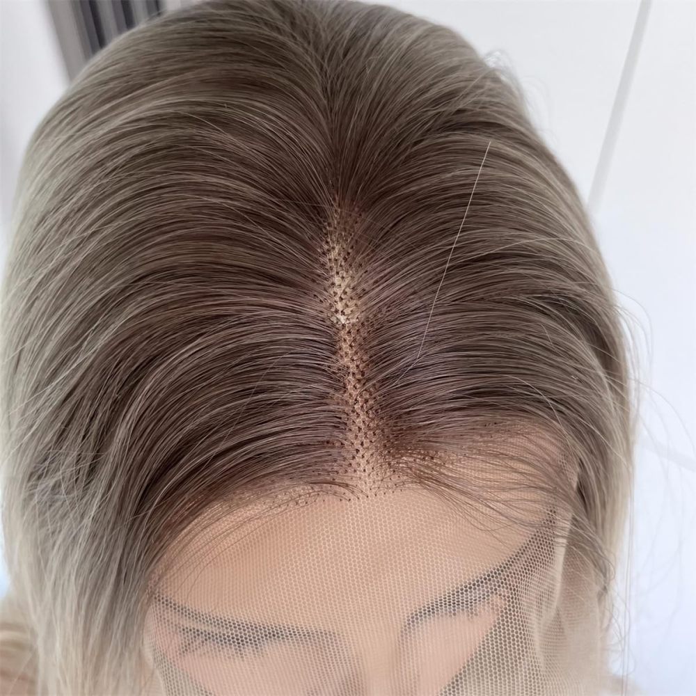Aisom Blonde Natural Straight Hair Wigs for Women Lace Front Wig Synthetic Wig Platinum Blonde Dark Brown Root Ombre Tone Color for Daily use