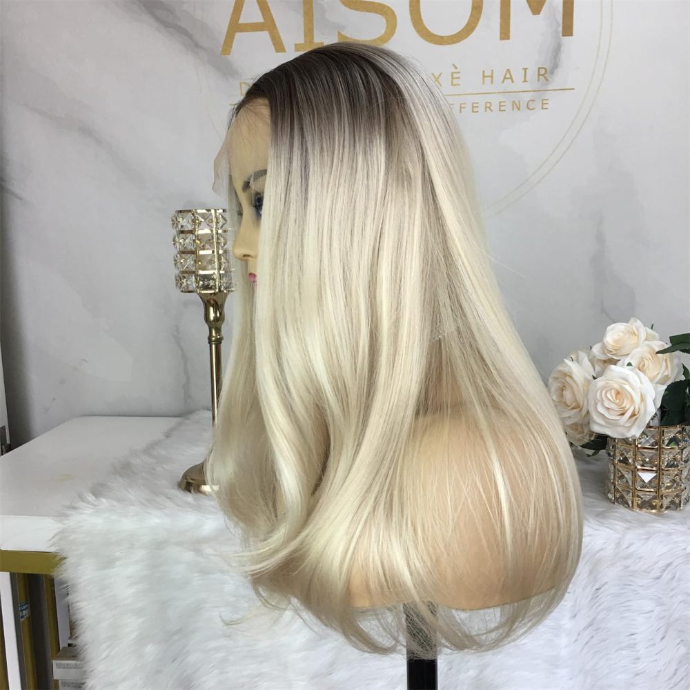Aisom Blonde Natural Straight Hair Wigs for Women Lace Front Wig Synthetic Wig Platinum Blonde Dark Brown Root Ombre Tone Color for Daily use