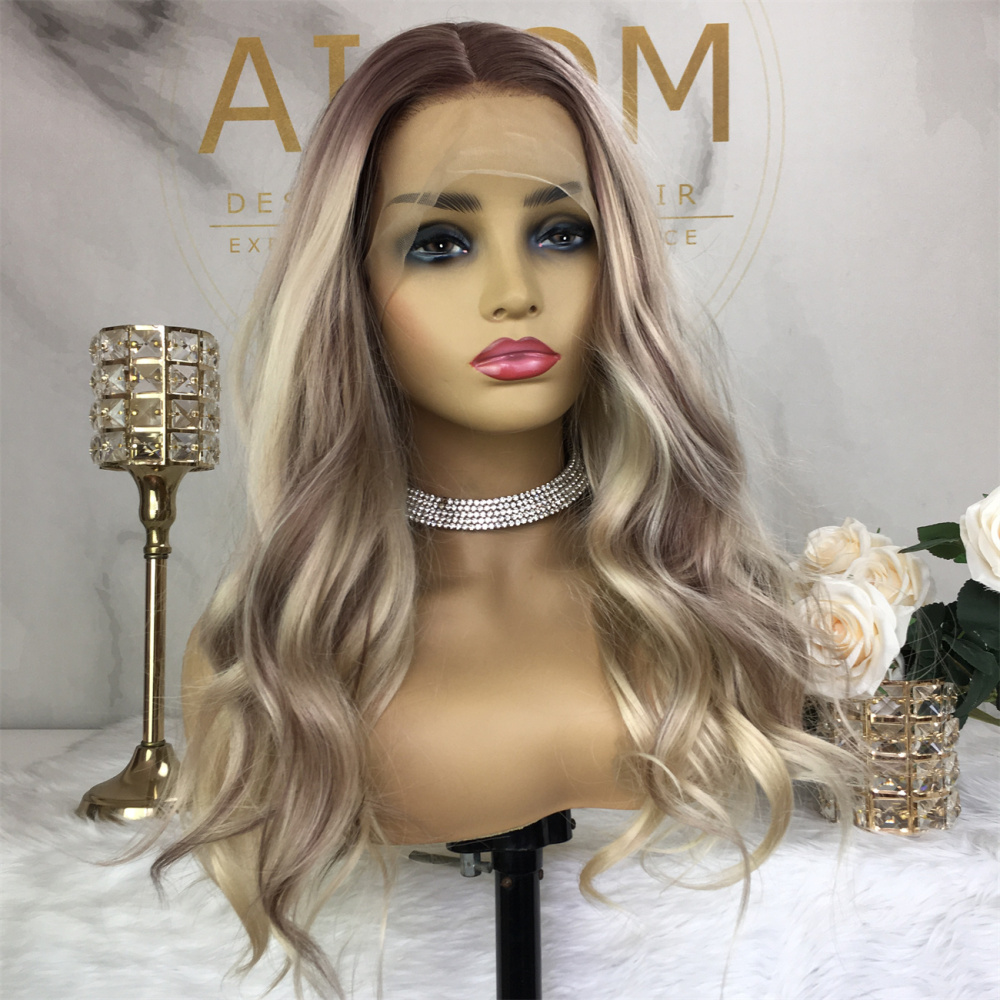 Ombre Blonde T Part Lace Front Synthetic Wig For Women Body Wave Lace Front Wig Highlight Wig 14inch