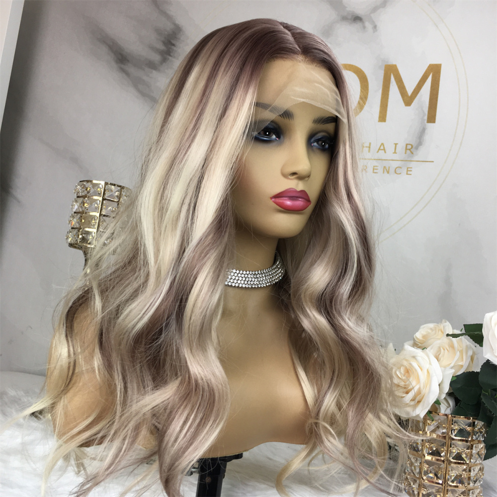 Ombre Blonde T Part Lace Front Synthetic Wig For Women Body Wave Lace Front Wig Highlight Wig 14inch