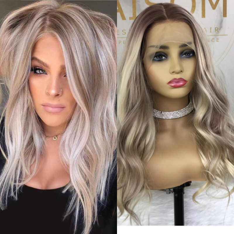 Ombre Blonde T Part Lace Front Synthetic Wig For Women Body Wave Lace Front Wig Highlight Wig 14inch