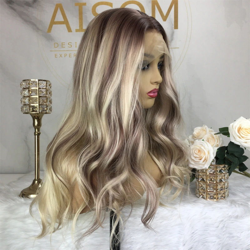 Ombre Blonde T Part Lace Front Synthetic Wig For Women Body Wave Lace Front Wig Highlight Wig 14inch