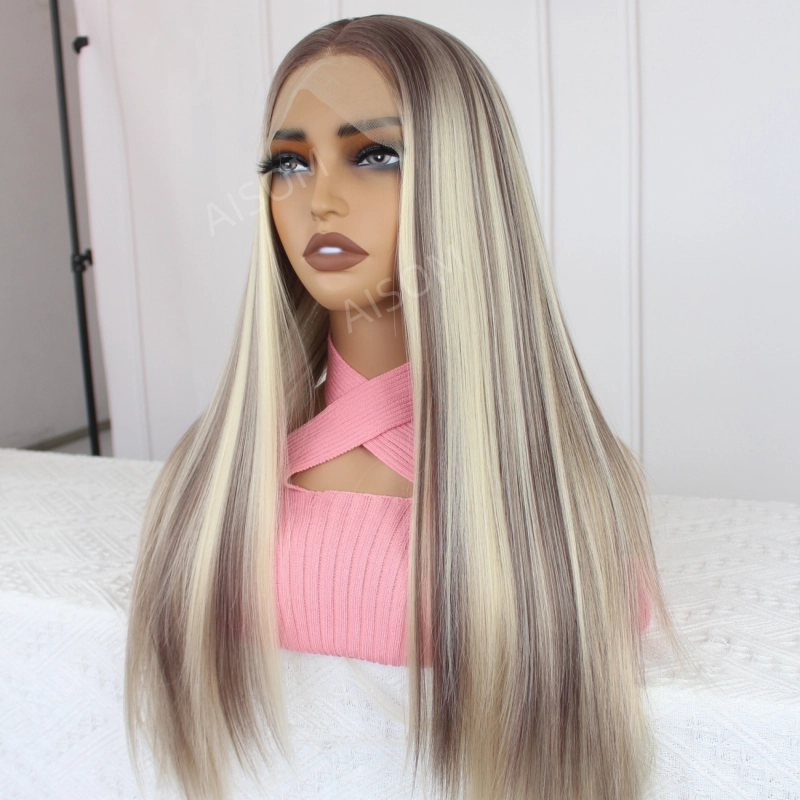 ROYALTY Lace Front Wigs Straight Synthetic Wig Middle Part Mixed Brown and Blonde Colored for Women Long Highlight Wig 22inch