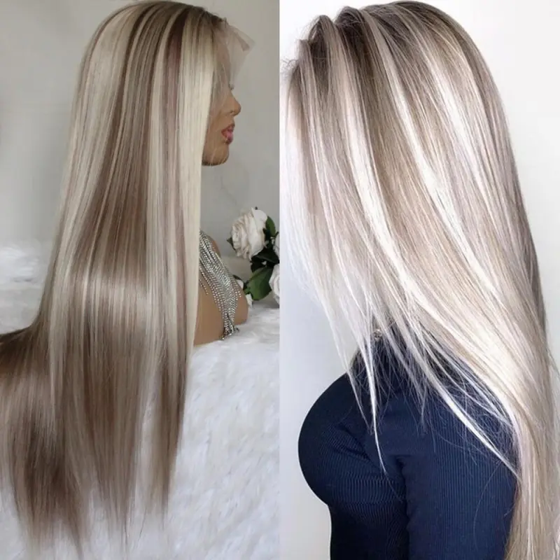 ROYALTY Lace Front Wigs Straight Synthetic Wig Middle Part Mixed Brown and Blonde Colored for Women Long Highlight Wig 22inch