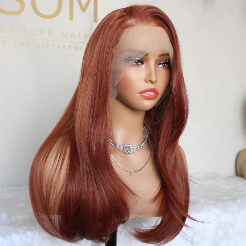 Aisom 13x6 Glueless Ginger Synthetic Lace Front Wig Long Layered Straight Lace Wigs for Women Pre Plucked Hairline Natural Looking Heat Resistant Fiber Wig Daily Party Use