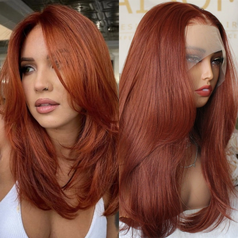 Aisom 13x6 Glueless Ginger Synthetic Lace Front Wig Long Layered Straight Lace Wigs for Women Pre Plucked Hairline Natural Looking Heat Resistant Fiber Wig Daily Party Use