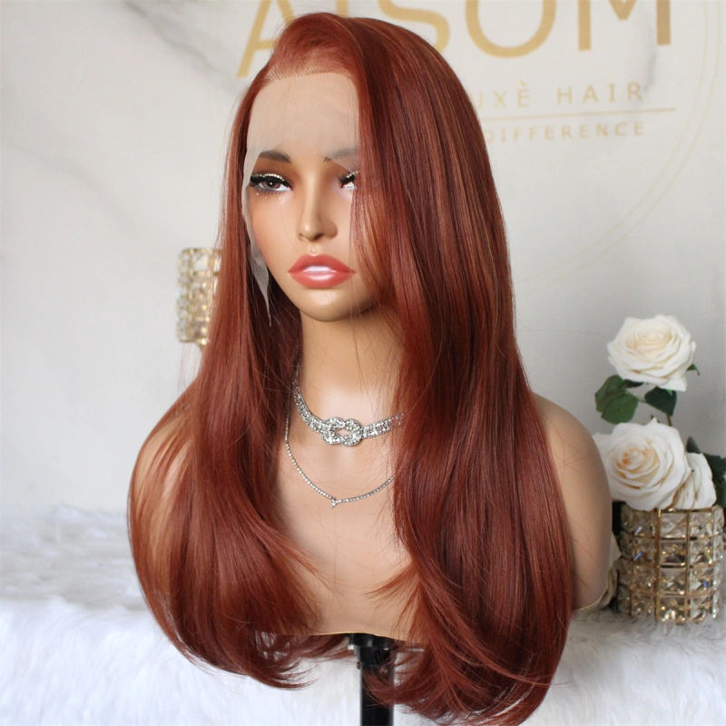 Aisom 13x6 Glueless Ginger Synthetic Lace Front Wig Long Layered Straight Lace Wigs for Women Pre Plucked Hairline Natural Looking Heat Resistant Fiber Wig Daily Party Use