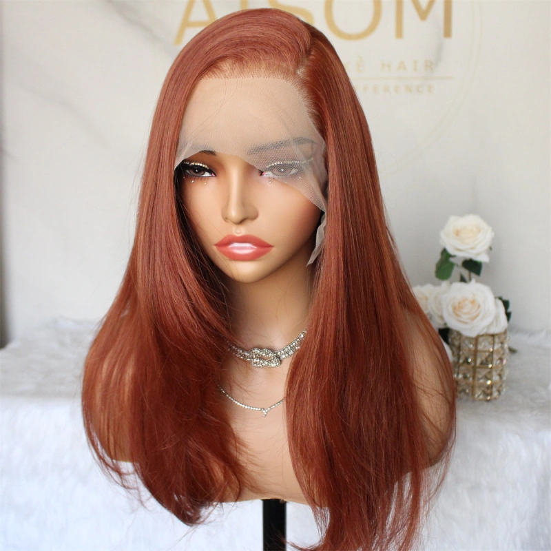Aisom 13x6 Glueless Ginger Synthetic Lace Front Wig Long Layered Straight Lace Wigs for Women Pre Plucked Hairline Natural Looking Heat Resistant Fiber Wig Daily Party Use