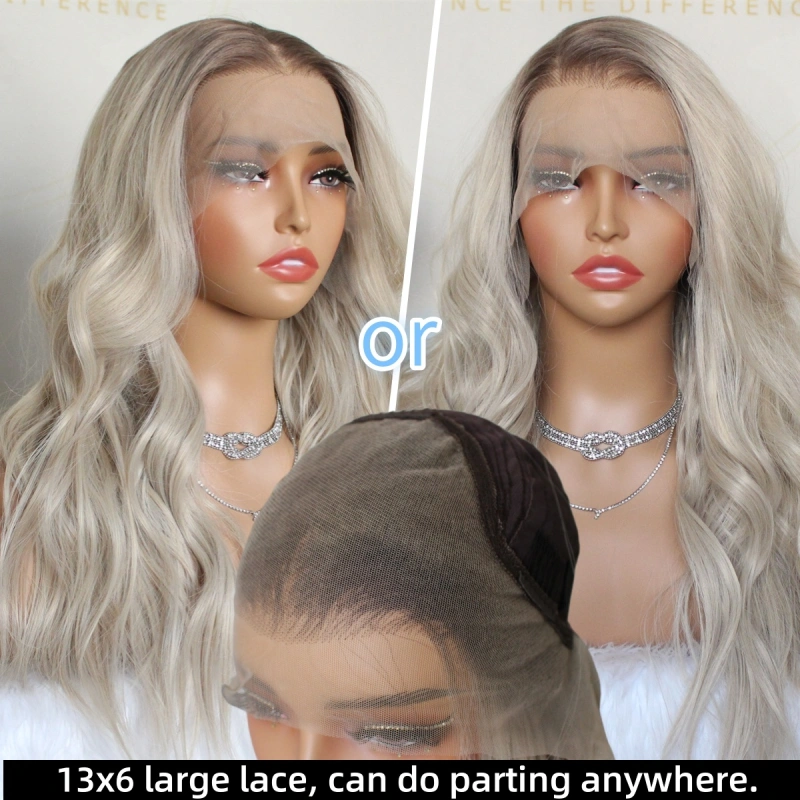 Aisom True Glueless Wig Natural looking Wig Ash Blonde 13x6 Wave Ombre Ash Platinum Mixed Brown Synthetic Lace Front Wig with Realistic Hairline 18inch