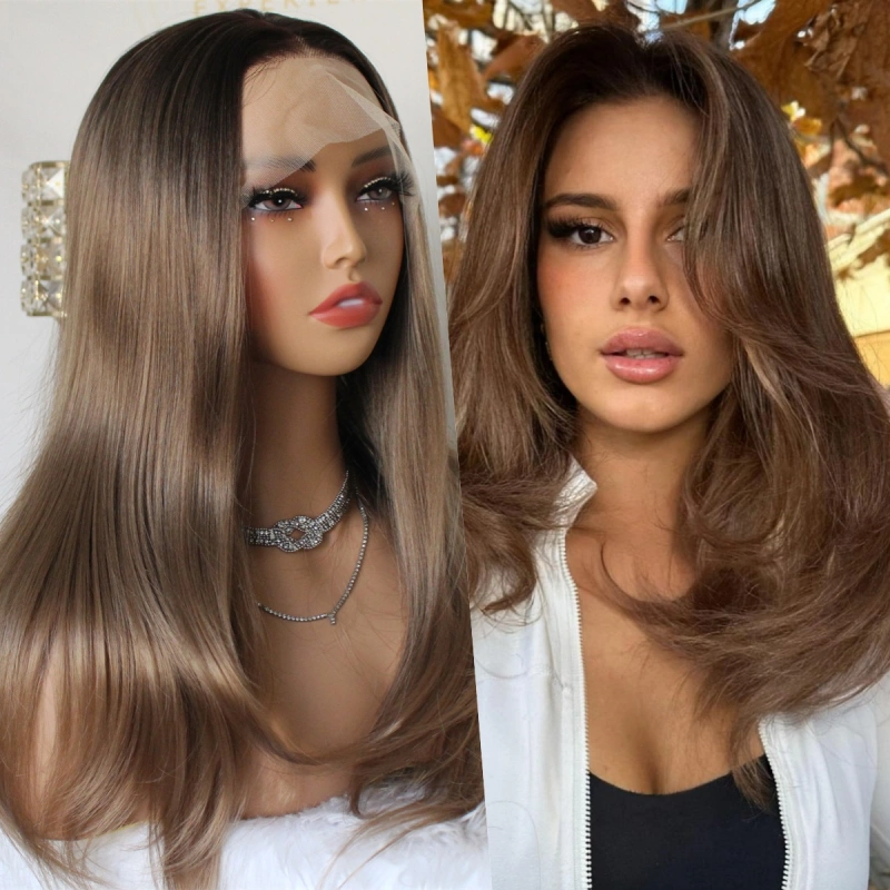 Aisom Sandy Brown Natural Straight Synthetic Lace Front Wig for Women 13x4 Pre Plucked Glueless Ombre Wig with Dark Root for Daily Use Shoulder Length 18 Inch