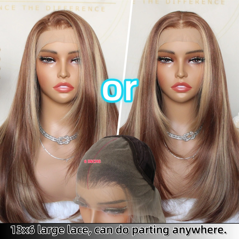 Aisom Highlight Cooper Blonde Layered Straight Synthetic Lace Front Wigs 13x6 HD Glueless Wig 22 Inch Pre Plucked Ginger Middle Side Part Heat Resistant Fiber Wig for Women