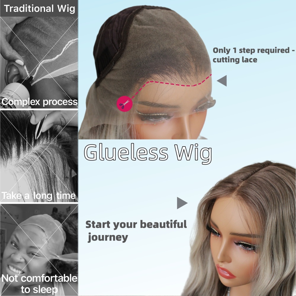 Aisom Real Glueless Wig Natural looking Wig Highlight Ash Blonde Ombre 13x6 Wave Ash Platinum Mixed Brown Synthetic Lace Front Wig with Realistic Hairline