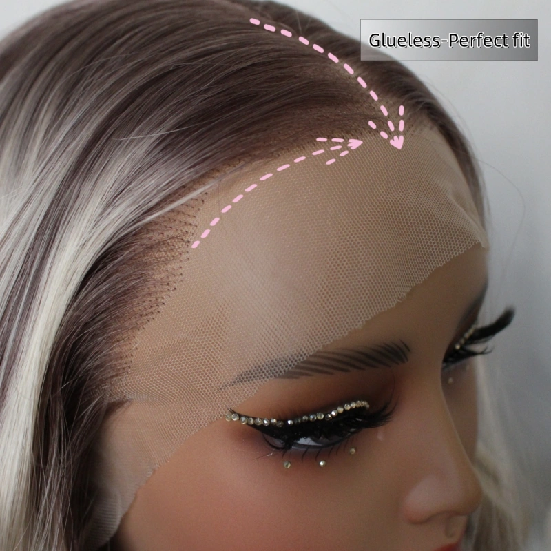 Aisom True Glueless Wig Natural looking Wig Highlight Blonde Ombre 13x6 Wave Platinum Colored Mixed Brown Synthetic Lace Front Wig with Realistic Hairline 18INCH