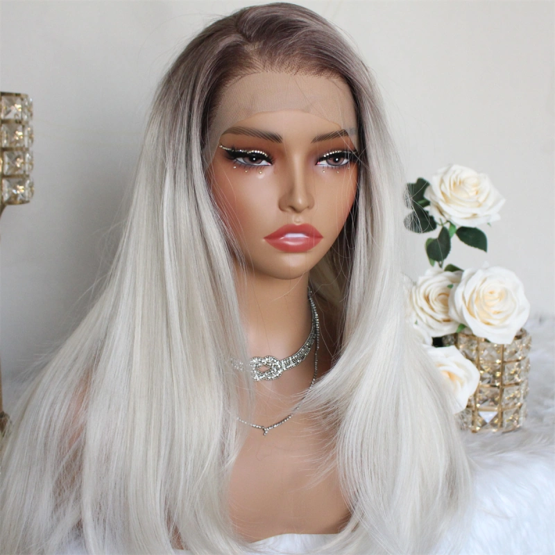 Aisom Highlight Platinum Blonde 13x6 Synthetic Lace Front Wig with Dark Brown Root Layered Straight Pre Plucked Glueless Wig for Women Middler Side Part Long Wig
