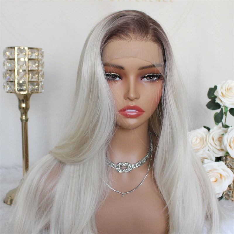 Aisom Highlight Platinum Blonde 13x6 Synthetic Lace Front Wig with Dark Brown Root Layered Straight Pre Plucked Glueless Wig for Women Middler Side Part Long Wig