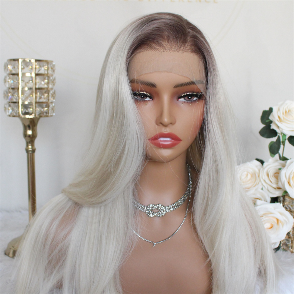 Aisom Highlight Platinum Blonde 13x6 Synthetic Lace Front Wig with Dark Brown Root Layered Straight Pre Plucked Glueless Wig for Women Middler Side Part Long Wig