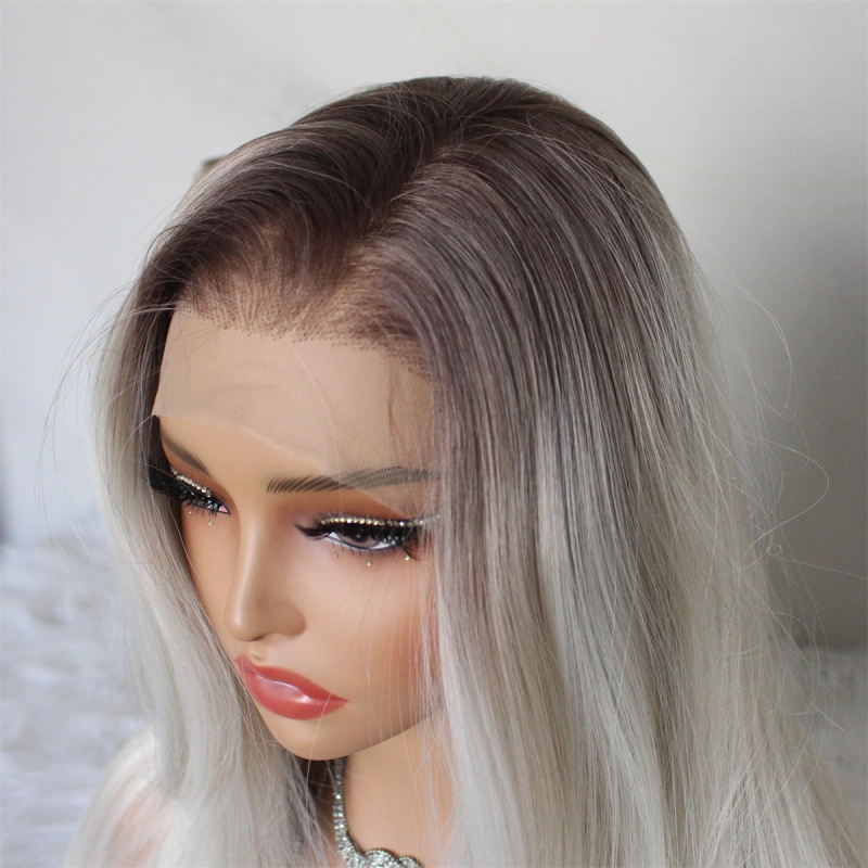 Aisom Highlight Platinum Blonde 13x6 Synthetic Lace Front Wig with Dark Brown Root Layered Straight Pre Plucked Glueless Wig for Women Middler Side Part Long Wig