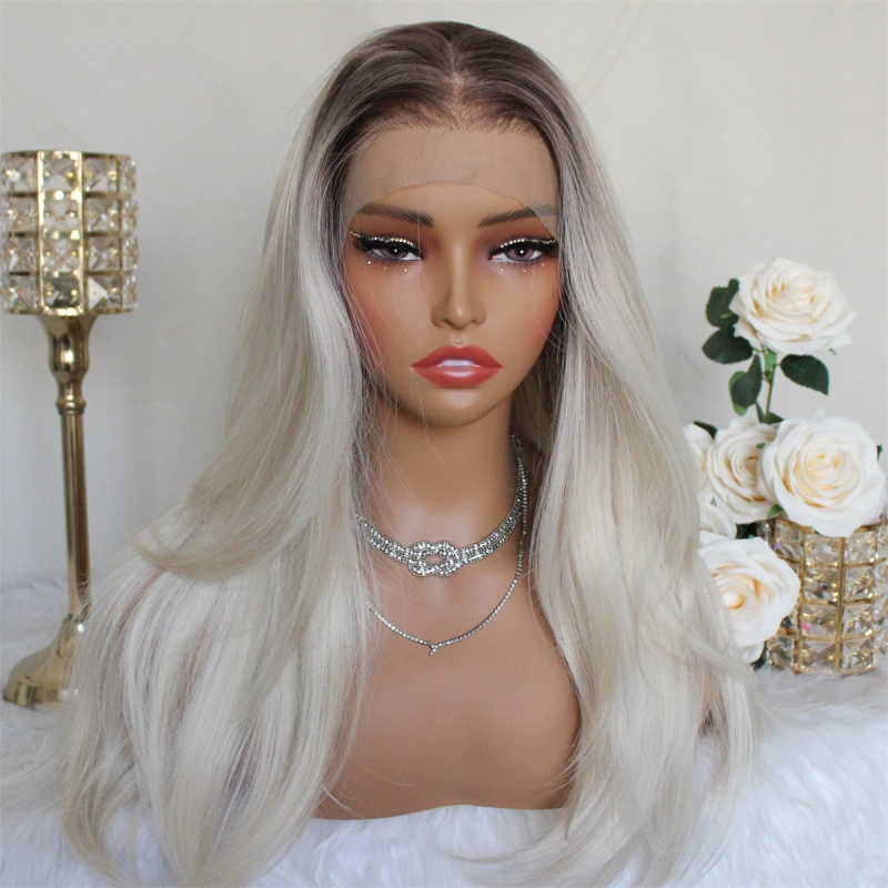 Aisom Highlight Platinum Blonde 13x6 Synthetic Lace Front Wig with Dark Brown Root Layered Straight Pre Plucked Glueless Wig for Women Middler Side Part Long Wig