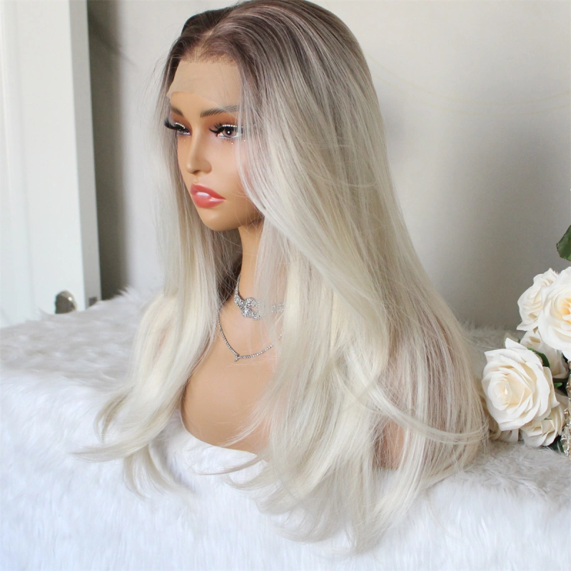 Aisom Highlight Platinum Blonde 13x6 Synthetic Lace Front Wig with Dark Brown Root Layered Straight Pre Plucked Glueless Wig for Women Middler Side Part Long Wig