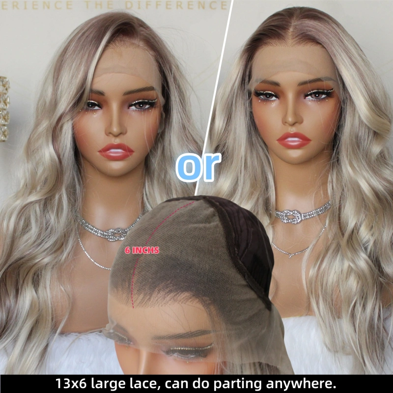 Aisom True Glueless Wig Natural looking Wig Highlight Blonde Ombre 13x6 Wave Platinum Colored Mixed Brown Synthetic Lace Front Wig with Realistic Hairline 18INCH