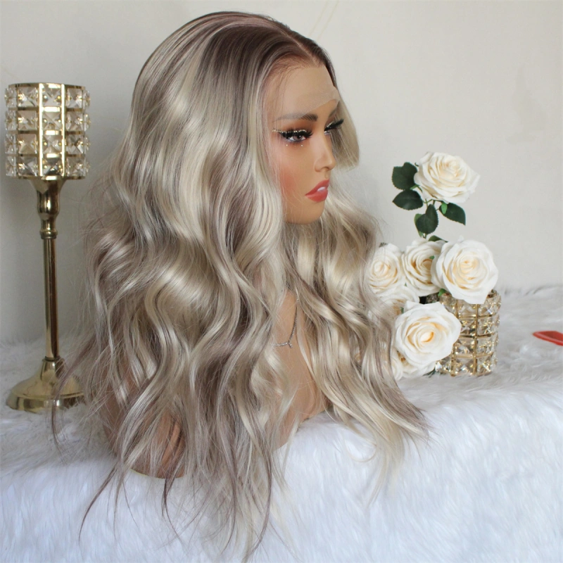 Aisom True Glueless Wig Natural looking Wig Highlight Blonde Ombre 13x6 Wave Platinum Colored Mixed Brown Synthetic Lace Front Wig with Realistic Hairline 18INCH