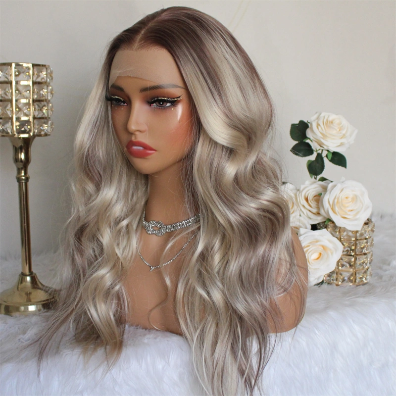 Aisom True Glueless Wig Natural looking Wig Highlight Blonde Ombre 13x6 Wave Platinum Colored Mixed Brown Synthetic Lace Front Wig with Realistic Hairline 18INCH