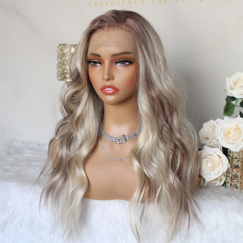 Aisom True Glueless Wig Natural looking Wig Highlight Blonde Ombre 13x6 Wave Platinum Colored Mixed Brown Synthetic Lace Front Wig with Realistic Hairline 18INCH