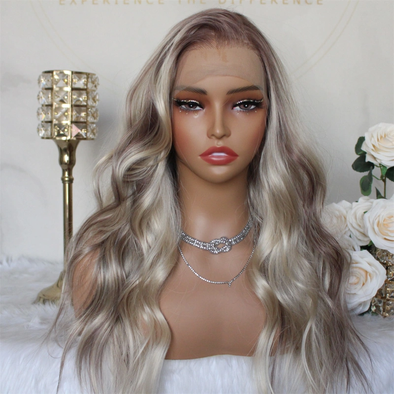 Aisom True Glueless Wig Natural looking Wig Highlight Blonde Ombre 13x6 Wave Platinum Colored Mixed Brown Synthetic Lace Front Wig with Realistic Hairline 18INCH