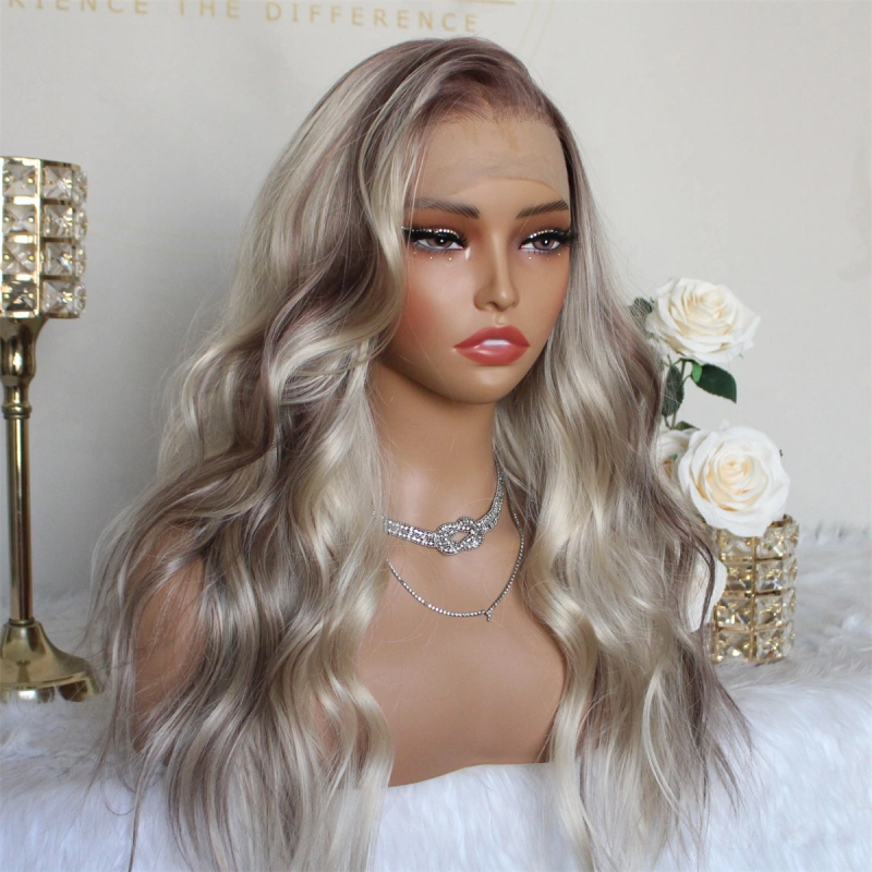 Aisom True Glueless Wig Natural looking Wig Highlight Blonde Ombre 13x6 Wave Platinum Colored Mixed Brown Synthetic Lace Front Wig with Realistic Hairline 18INCH