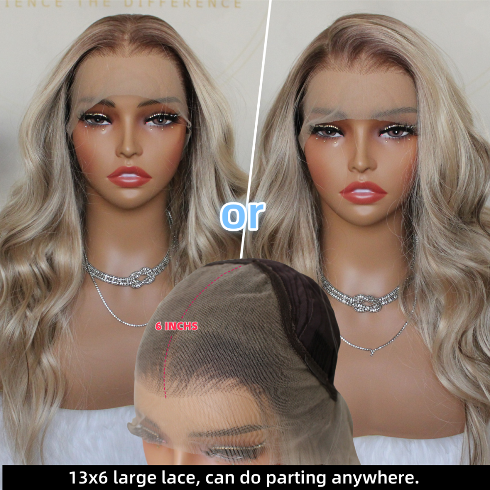 Aisom 13x6 True Glueless Wig Natural looking Wig Highlight Blonde Ombre Wave Synthetic Lace Front Wig with Realistic Hairline 18 inchs