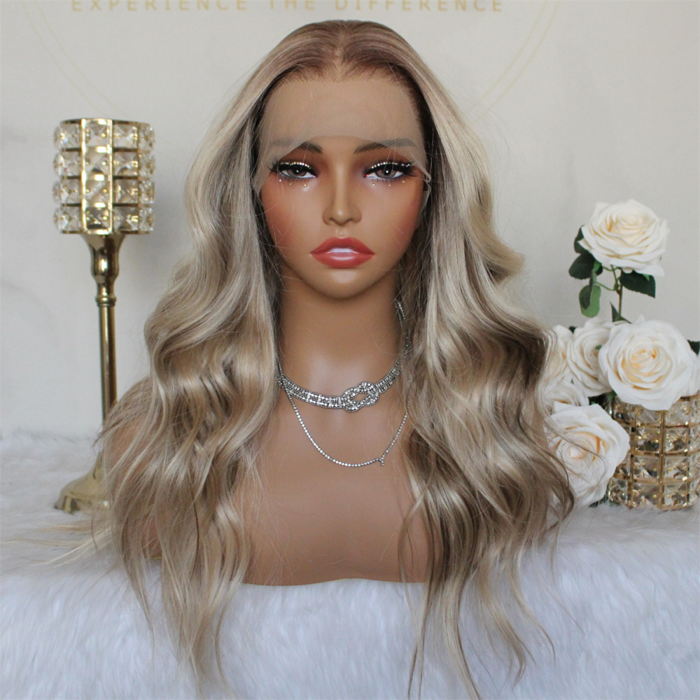 Aisom 13x6 True Glueless Wig Natural looking Wig Highlight Blonde Ombre Wave Synthetic Lace Front Wig with Realistic Hairline 18 inchs
