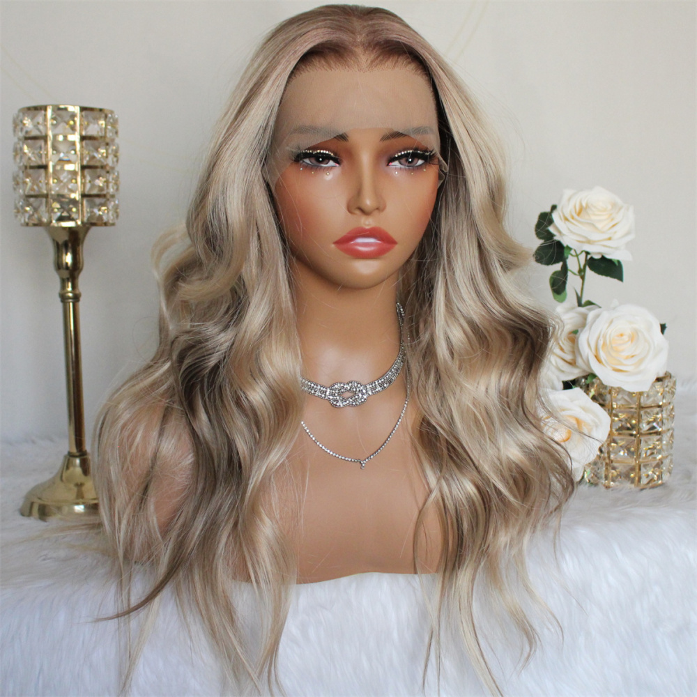 Aisom 13x6 True Glueless Wig Natural looking Wig Highlight Blonde Ombre Wave Synthetic Lace Front Wig with Realistic Hairline 18 inchs