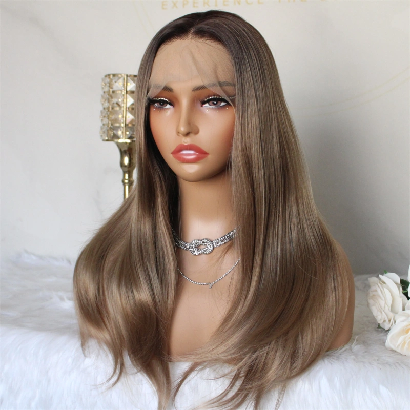 Aisom Sandy Brown Natural Straight Synthetic Lace Front Wig for Women 13x4 Pre Plucked Glueless Ombre Wig with Dark Root for Daily Use Shoulder Length 18 Inch