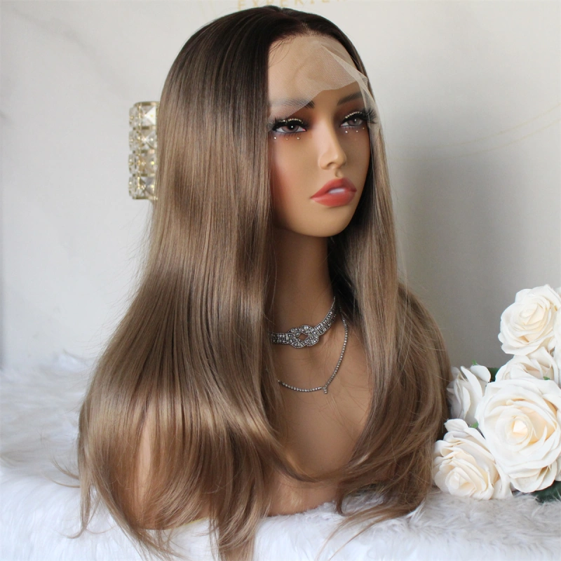 Aisom Sandy Brown Natural Straight Synthetic Lace Front Wig for Women 13x4 Pre Plucked Glueless Ombre Wig with Dark Root for Daily Use Shoulder Length 18 Inch