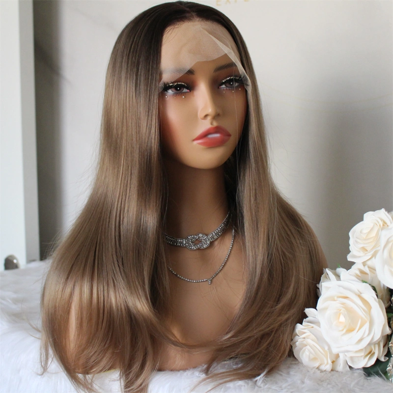 Aisom Sandy Brown Natural Straight Synthetic Lace Front Wig for Women 13x4 Pre Plucked Glueless Ombre Wig with Dark Root for Daily Use Shoulder Length 18 Inch